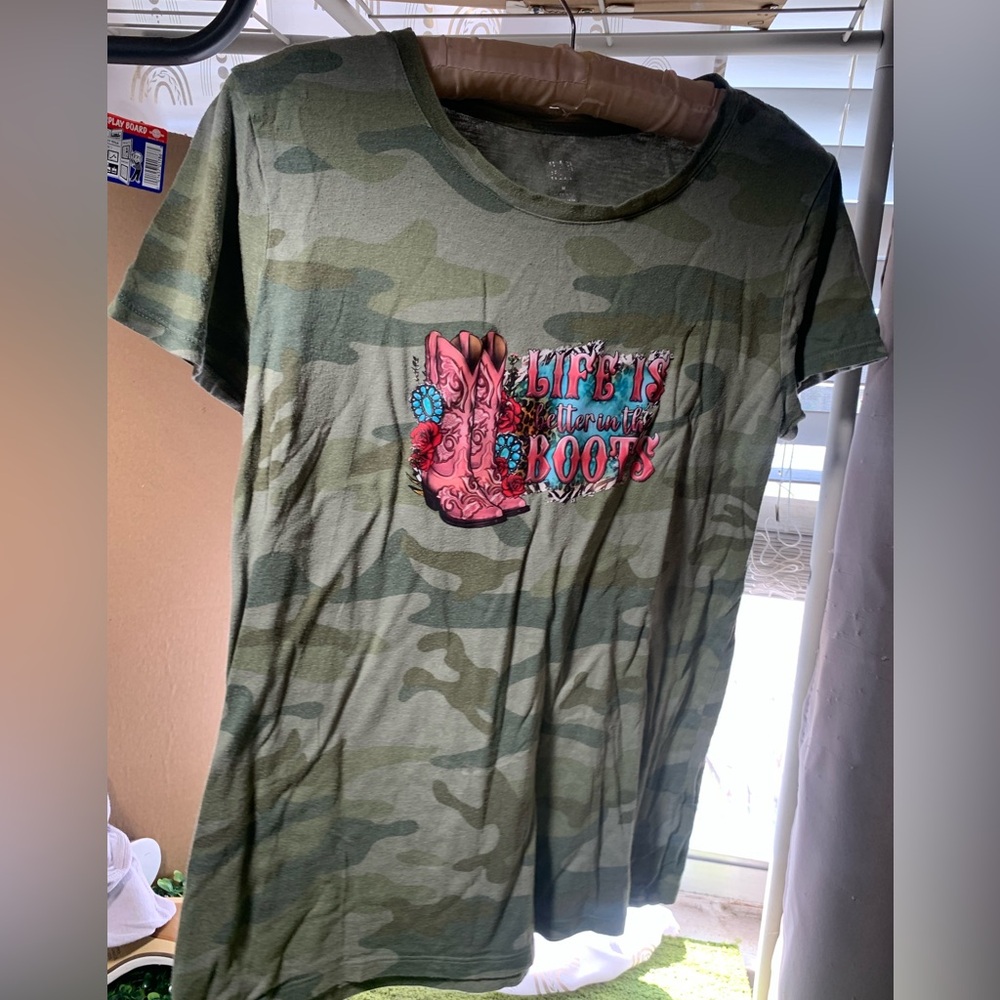 Camo Graphic Tee with Pink Cowboy Boots Upcycled